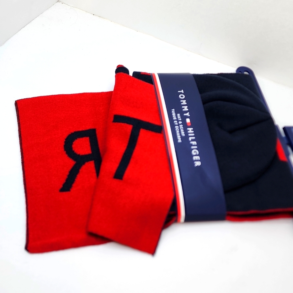 TOMMY HILFIGER HAT & SCARF, NAVY BLUE & RED - Picture 6 of 8